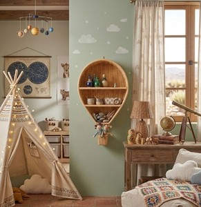 Estante de pared artesanal de ratán natural con forma de globo aerostático, con una o dos niveles de almacenamiento para habitación infantil o dormitorio. - Product Image 3