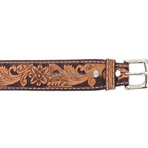 Cinturón de Cuero Occidental de Lujo con Grabado Artesanal, Diseño de Hojas Vaqueras y Hebilla de Latón con Flores, Longitud Personalizada - Product Image 1