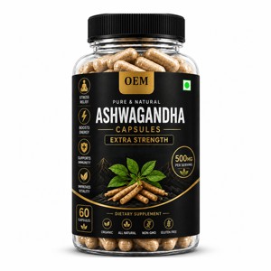 Capsules d'extrait de racine d'Ashwagandha naturel OEM/ODM 500mg, 60 unités, supplément pur de Withania somnifera pour le soutien du stress et de l'énergie - Product Image 1