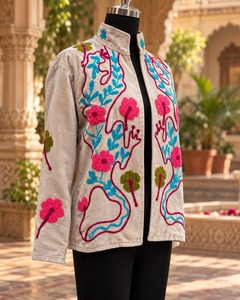Beige <b>Velvet</b> Suzani Embroidered <b>Jacket</b> for <b>Women</b> Floral Threadwork Ethnic Open Front <b>Jacket</b> Designer Festive Winter Wear - Product Image 4