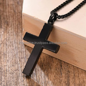 Collar de cruz de madera para hombres Collares de Cruz Colgante de crucifijo de acero inoxidable negro cristiano Cadena redonda de 24 ''gratis. - Product Image 4