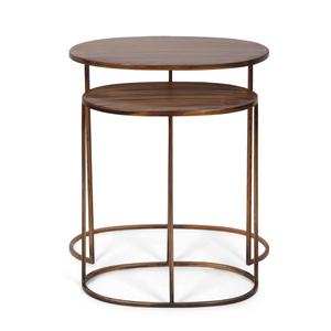 Handcrafted <b>Nesting</b> <b>Tables</b> Set of 2 Solid Wood <b>Round</b> <b>Coffee</b> <b>Table</b> with Antique Brass Metal Frame Side <b>Table</b> for Living Room - Product Image 1