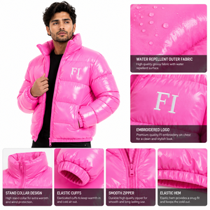 Glossy Quilted Puffer Men's <b>Jackets</b> Wholesale High Collar Zipper Winter Outerwear Custom Logo OEM Bulk Fashion Casual <b>Jacket</b> USA - Product Image 5