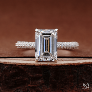 3CT Emerald Cut Lab Grown Diamond Ring Three Row Pave Band Bold <b>Step</b> Cut Center Luxury Design 10K White Gold Bridal Ring - Product Image 1