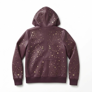Blouson bomber à capuche violet avec imprimé constellation d'étoiles dorées, fermeture éclair sur le devant, décontracté, unisexe, pour l'automne - Product Image 2