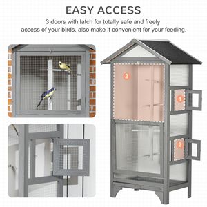 Gabbia per Uccelli da Esterno XL in Legno Grigio Chiaro con 4 Posatoi e Vassoio Rimovibile per Facile Pulizia, Gabbia per Animali di Taglia Media - Product Image 6