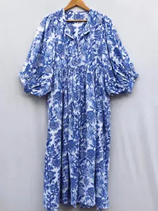 Premium Blue Cotton Floral Block Print Midi <b>Dress</b> With Puff Sleeve <b>Loose</b> Fit V-Neck Casual Summer <b>Dress</b> - Product Image 1