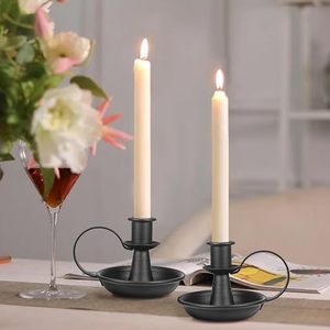Porte-bougie vintage en métal noir avec plateau rond anti-goutte et poignée en boucle, support de bougie conique rustique, centre de table, lot de 2 - Product Image 2