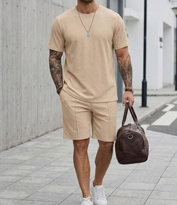 Conjuntos de 2 Piezas para Hombre, Camiseta Casual de Algodón y Pantalones Cortos, Conjunto Deportivo de Verano de Manga Corta con Textura Waffle - Product Image 4