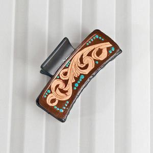 Barrette à cheveux vintage en cuir avec motif floral orné de turquoise, accessoire de mode pour femme - Product Image 2