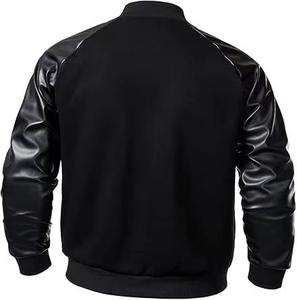 Blouson bomber noir en PU pour homme avec manches en cuir, col rabattu, coupe décontractée, couleur unie, fermeture boutonnée, idéal pour l'automne - Product Image 5
