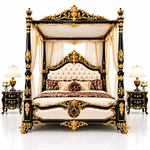Lit à baldaquin de style victorien noir et or, mobilier de chambre haut de gamme sculpté avec tables de chevet, lit en bois à quatre piliers, USA - Product Image 2