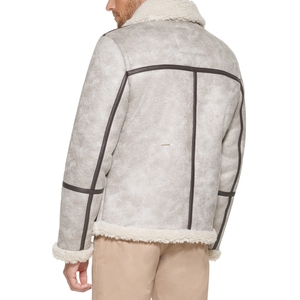 Micah Corporation Distressed Grey Sherpa Fleece <b>Jacket</b> - <b>Men's</b> Premium Faux Leather Trim Biker Coat Vintage <b>Aviator</b> Style - Product Image 3