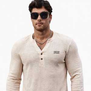Oneten Apparel <b>Men's</b> Beige Long Sleeve V-neck <b>Henley</b> <b>Shirt</b> Breathable Casual Polyester Spandex Waffle Knit Front Logo Top - Product Image 4