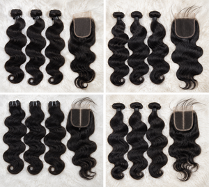 <b>Body</b> <b>Wave</b> Virgin Human Hair Extensions 3 Wefts With 1 Lace Closure 4x4 Natural Black Color Single Weft Remy Hair - Product Image 2