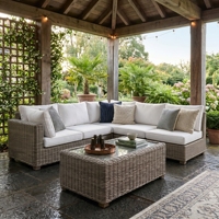 Table basse Saint Martinez en bois d'acajou et rotin gris tressé avec plateau en verre standard, mobilier de patio haut de gamme pour resort, fauteuil fait main