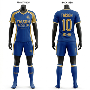 Uniforme de fútbol femenino premium de poliéster de 160 GSM, conjunto de jersey y pantalones cortos con paneles verdes y dorados a rayas, transpirable, con logotipo personalizado por sublimación. - Product Image 5