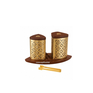 Brass Incense <b>Burner</b> Set With Wooden Lid And Tongs Aromatic All Season Use - Product Image 3