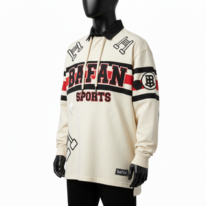 Polo de Rugby Premium para Hombre, Tejido de Algodón Grueso, Color Crema, Panel en el Pecho Negro y Rojo, Logotipo en Tela Tackle Twill, Camiseta de Rugby para Hombre - Product Image 4