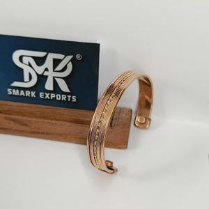 Traditional Lined Copper Open Cuff Bangle Handmade <b>Adjustable</b> <b>Bracelet</b> with Center Chain Detail Lightweight for Unisex - Product Image 6