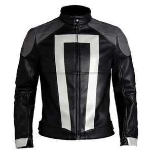 Men Genuine Leather Motorcycle Jacket Black White Color Blocking Stand Collar Zipper Closure Moto Biker Style Autumn Wear - Product Image 1