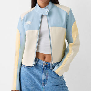 Women’s Cropped Motorcycle Bomber Jacket OEM Custom Genuine Leather & Satin PU with Embroidery and Printed Design - Product Image 4
