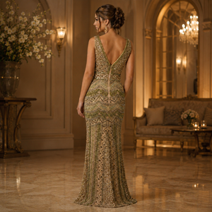 Women Gold <b>Sequin</b> Wedding Gown Deep V Neck Sleeveless Beaded Embellished Floor Length Formal Wedding Party Prom Luxury Cocktail - Product Image 3