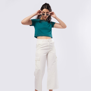T-shirt court pour femme, couleur turquoise, manches courtes, col rond, couleur unie, coupe décontractée, poches, 100% coton, respirant, printemps été - Product Image 2