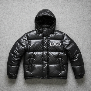 Hooded Puffer Jacket Men Winter Thick Warm Pu <b>Coat</b> Casual Zipper Front Logo Solid Color Windproof Regular Fit - Product Image 2