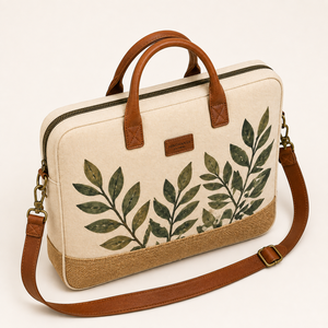 Sac à dos pour ordinateur portable en toile de jute écologique unisexe grande capacité, design imprimé feuilles, fermeture éclair, bandoulière - Product Image 3
