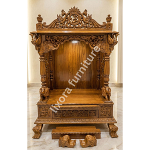 Templo de Madera Sólida Hecho a Mano de Lujo con Tallado Ornamental de Pavo Real y Elefante, Acabado Premium - Product Image 4