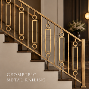 Geometric Gold Tone Metal <b>Staircase</b> Railing with Rectangular Frame and Circular Ring Balusters for Modern Interiors - Product Image 1