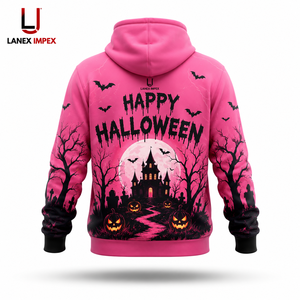 Sweat à capuche unisexe personnalisé 3D rose Halloween Maison Hantée Citrouille, pull à sublimation, streetwear gothique en polyester - Product Image 3