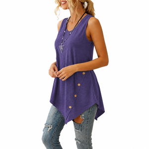 Débardeur asymétrique violet grande taille pour femme, col rond, sans manches, avec détails boutonnés, longueur longue, couleur unie, en jersey, pour l'été - Product Image 6