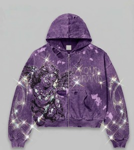 Sudadera con capucha personalizada OEM con cremallera, lavado ácido, pedrería, tela 100% algodón resistente, gráfico desgastado, estilo urbano, forro polar, oversize - Product Image 5
