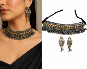 Ensemble Collier Ras-du-Cou et Boucles d'Oreilles Bohèmes Ghungroo Bicolore Argent et Or pour Amoureux, Vente en Gros, Fournisseur en Gros pour Femmes, Fiançailles et Mariage - Product Image 1