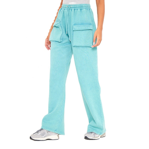 Hot Selling <b>Women's</b> High Waist <b>Black</b> Acid Wash Terry Cotton Sport Sweatpants Jogger Pant <b>with</b> Side <b>Pockets</b> and Lace Decoration - Product Image 5