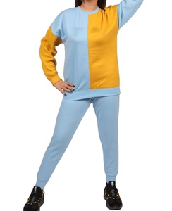 Women Color Blocking Sweatshirt Crew Neck Long Sleeve Loose Fit Yellow Blue Cotton Casual Autumn Top - Product Image 2