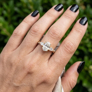 Sparkledge Creation LR-28 Durable 3CT Oval Lab Grown Diamond Three <b>Stone</b> Engagement <b>Ring</b> E VVS2 Pear Accent Gold IGI Certified - Product Image 6