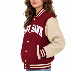 Women Varsity Jacket Two Tone Casual Outerwear Letter Print Snap Button Striped Collar Casual Outerwear Two Tone Style Jacket - Product Image 3