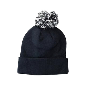 Bonnet côtelé bleu et jaune unisexe pour adulte, bonnet d'hiver décontracté en tricot avec pompon, couleur unie, revers plié - Product Image 5