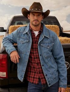 Chaqueta Vaquera Forrada de Franela para Hombre Flygo, Corte Cowboy, Estilo Western Clásico, Ajuste Slim, Chaqueta Trucker Vintage Resistente, 100% Algodón - Product Image 3