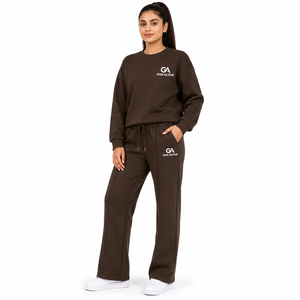 Women <b>Brown</b> Eco-Friendly Printed Polyester/Cotton Tracksuit <b>Set</b> Oversized Sweatshirt Wide Leg Jogger Pants Front <b>Gym</b> Active - Product Image 1