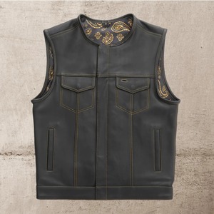 <b>Mens</b> Cowhide <b>Leather</b> Biker Vest Gold Paisley Lining Motorcycle Club <b>Waistcoat</b> - Product Image 1