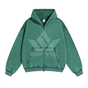 Sudadera con Capucha Verde para Hombre, Cierre de Cremallera, Estilo Casual, Felpa Francesa, 100% Algodón, Corte Regular, Color Sólido, Diseño con Bolsillos, Otoño - Product Image 1
