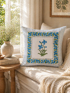 Funda de Cojín de Algodón con Estampado Floral Azul Boho, Funda de Almohada con Estampado a Mano para Sofá, Sillón y Sala de Estar - Product Image 5