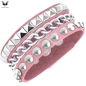 Premium Fashionable Pink <b>Leather</b> Studded <b>Bracelet</b> Heart & Chain Design Girls and Women Fashion Jewelry Multi-Layer Studded - Product Image 3