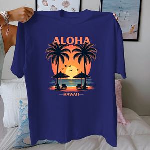 Camiseta de mujer de algodón puro con escena de playa ALOHA y HAWAII, ajuste cómodo - Product Image 3