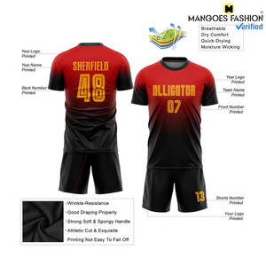 Uniforme de Fútbol Personalizado Rojo Dorado y Negro Sublimado, Jersey Corto Transpirable de Primera Calidad, Tejido de Mezcla de Poliéster - Product Image 3
