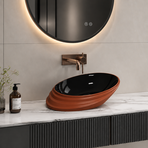 Lavabo Ovalado Moderno con Acabado Brillante, Interior Negro, Exterior Terracota, para Encimera de Baño - Product Image 1